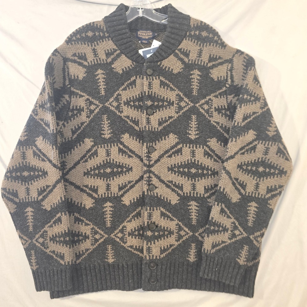 Pendleton Cardigan XL Mens Charcoal Mirror Lake Lambswool Geometric Sweater NEW